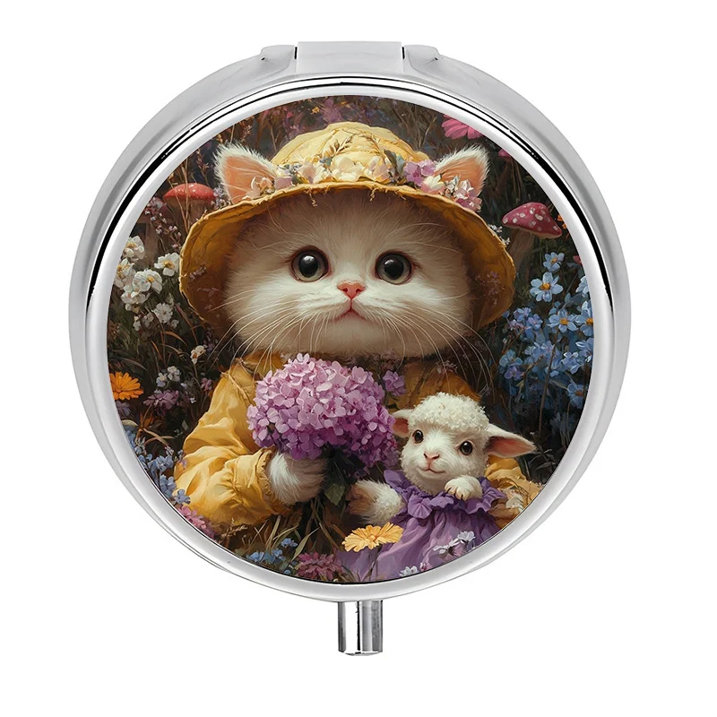 A travel-friendly pill box, single compartment, with three sections, designed with cute cat and sheep patterns. This mini decorative pill box is perfect for carrying in your pocket or purse.