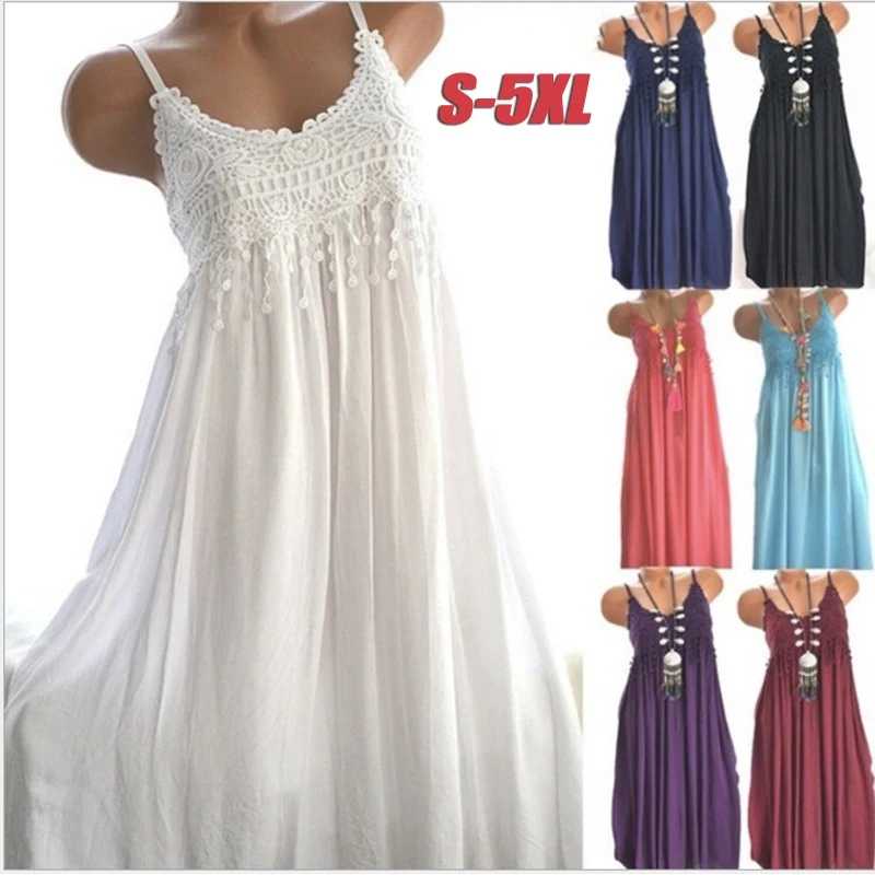 

Summer Women's Suspender Dress Solid Color Round Neck Sexy Lace Stitching Sleeveless Sundress Holiday Beach Party Long Dress