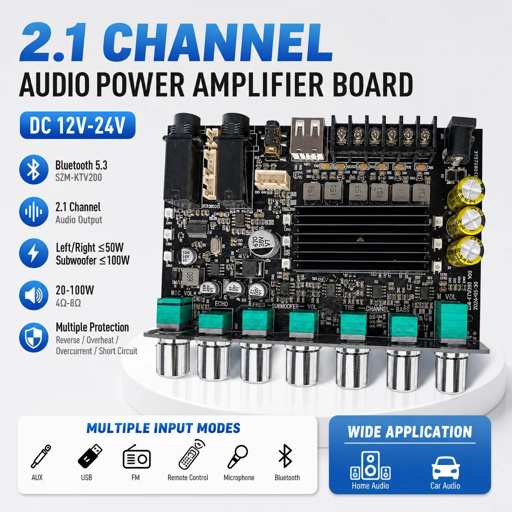 DC12V-24V 2.1 Channel Power Amplifier Module 50W+50W+100W Bluetooth 5.3 LED Karaoke Audio Board With Dual Microphone Input