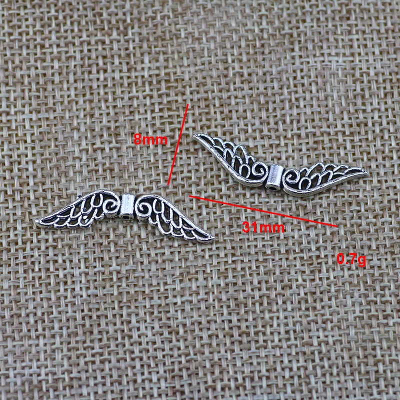 20pcs/lot 8*31mm Antique Silver Color Angel Wing Charm Bead For Women DIY Necklace Bracelet Jewelry MaKing