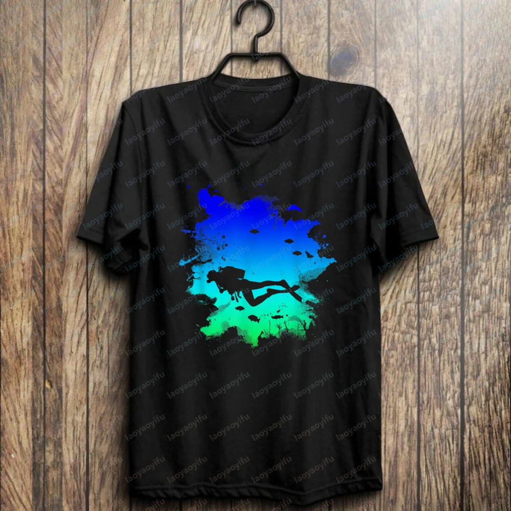 Diver Gradient Silhouette Print Casual Shirt Timeless Ocean Cotton Tee Summer Casual Diving Apparel Trend Retro Men's Clothing