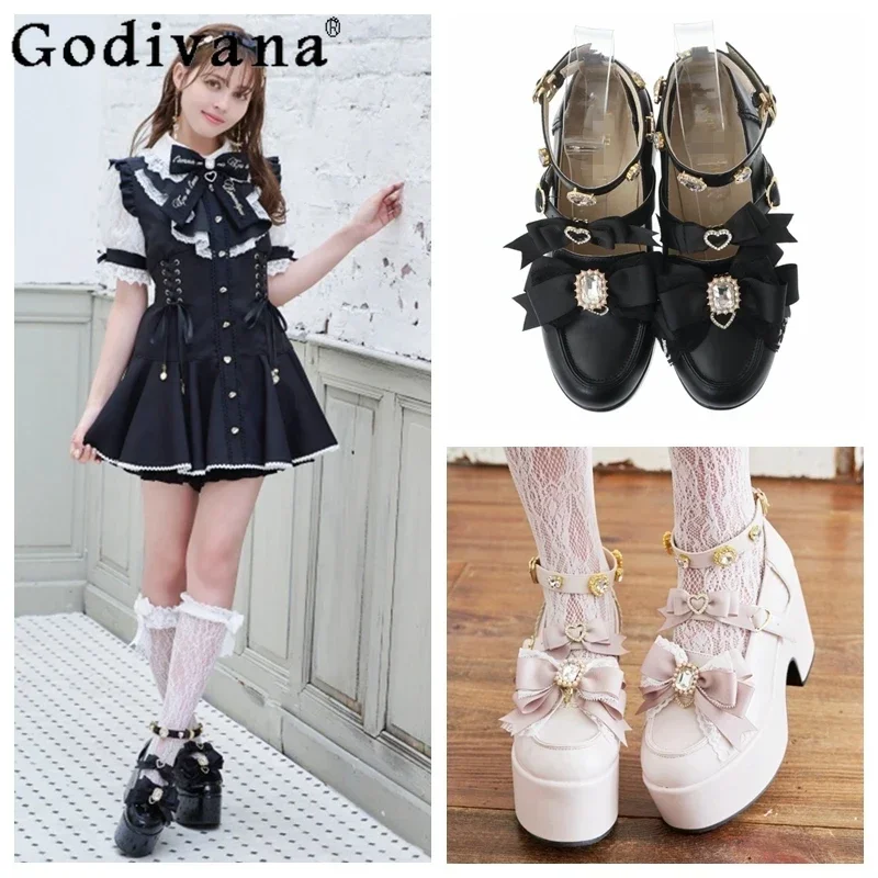 

Japanese Liz Sweet Love Heart Bowknot High Heel Pumps Mine Mass-Produced Lolita Thick Bottom Mary Jane Shoes Lady Paltform Shoes