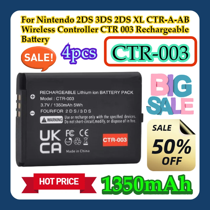 

4pcs For Nintendo 2DS 3DS 2DS XL CTR-A-AB Wireless Controller 1350mAh CTR 003 CTR-003 Rechargeable Battery