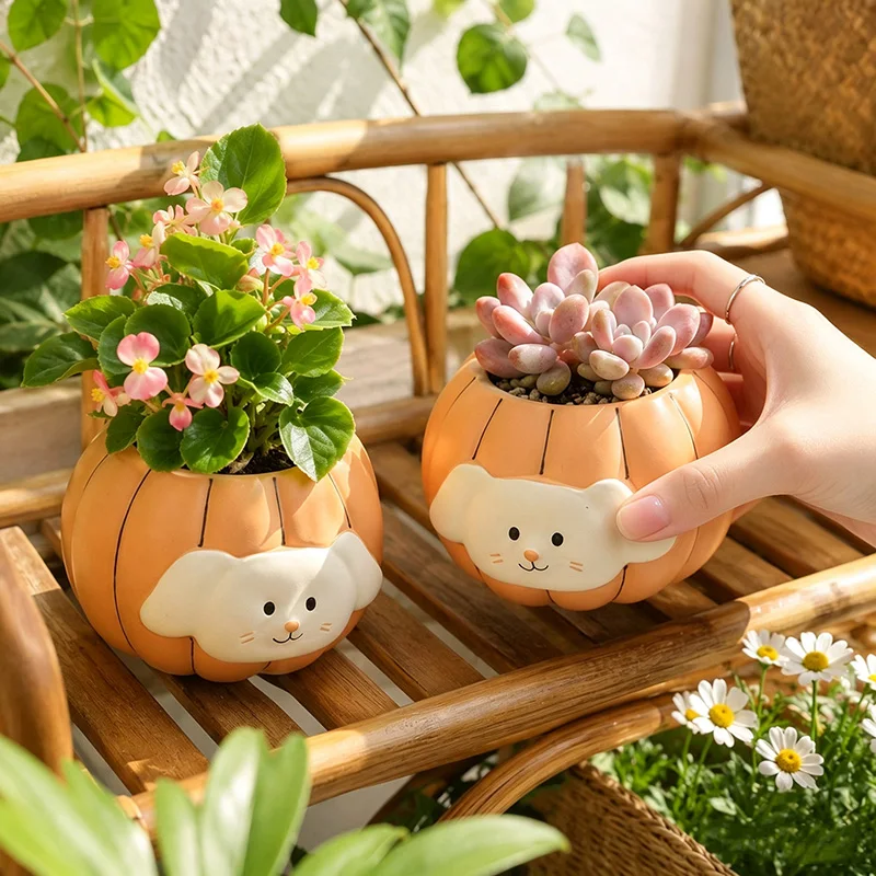 Pumpkin Puppy Resin Mini Succulent Planter Cute Cartoon Animal Flower Pot Desktop Cactus Pot Home Balcony Tabletop Decor Gift