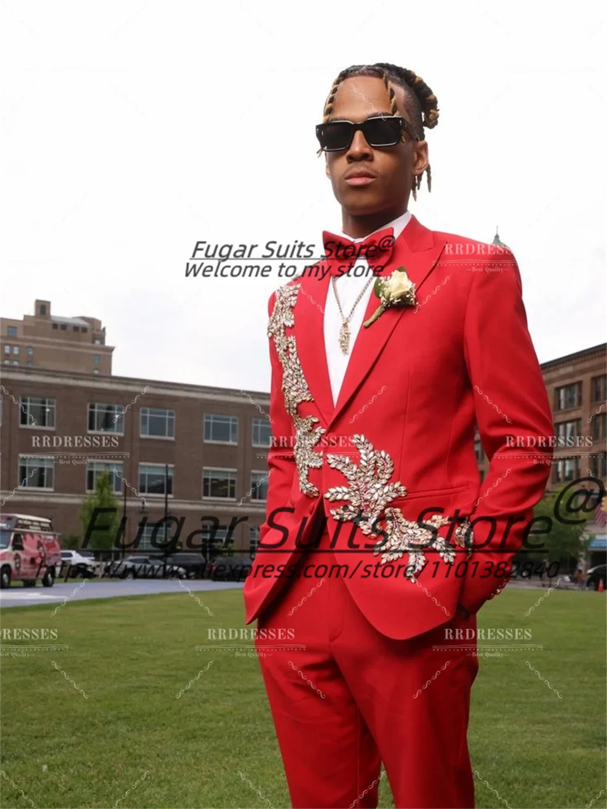 Luxurious Red Rhinestone Groom Wedding Tuxedos Customized Slim Fit Peak Lapel Men Suits Male Party Blazers Formal Costume Homme