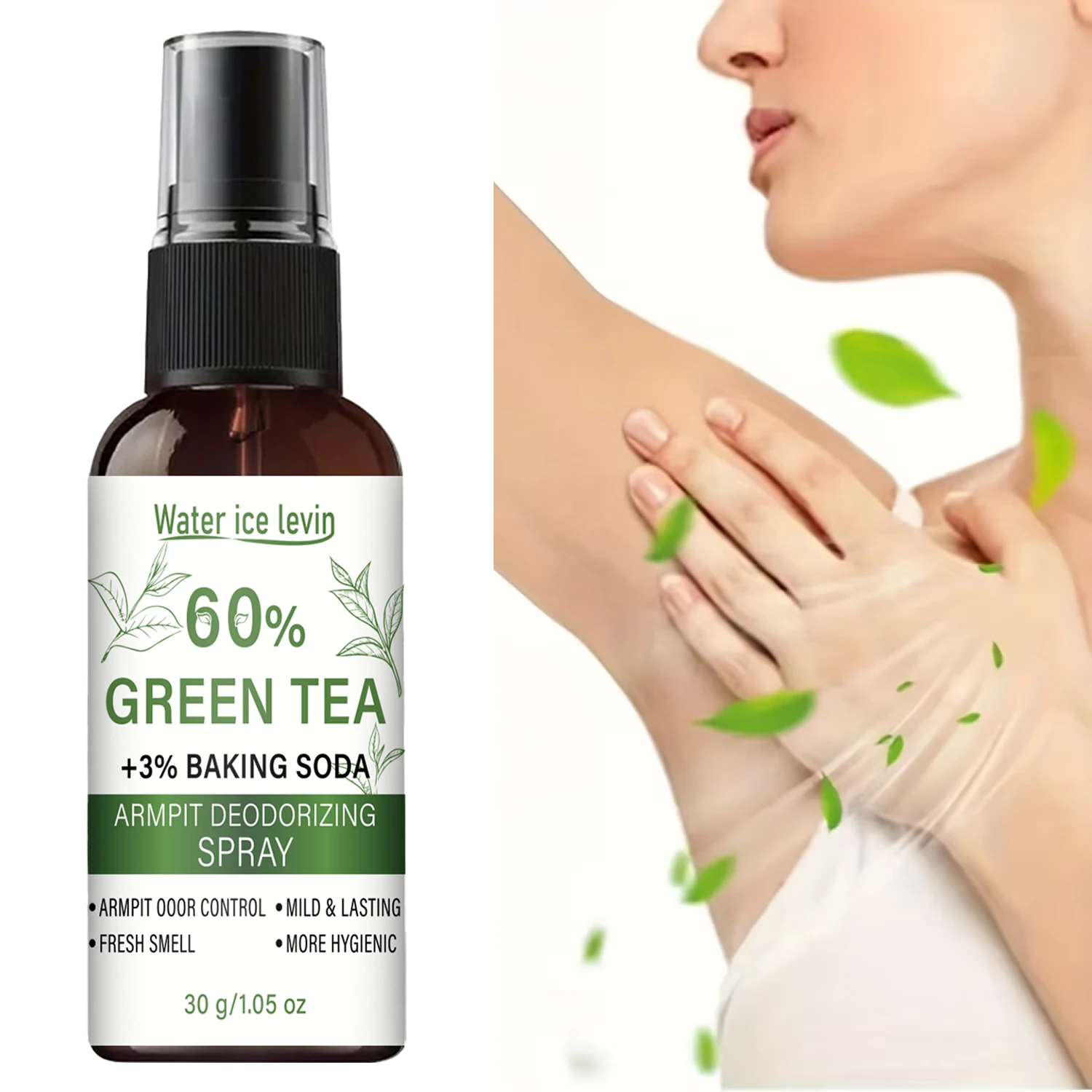Water Ice Levin Armpit Deodorizing Spray 72-Hour Protection. Green Tea 3% Baking Soda. Gentle Non-Irritating. Odor Control. 30g