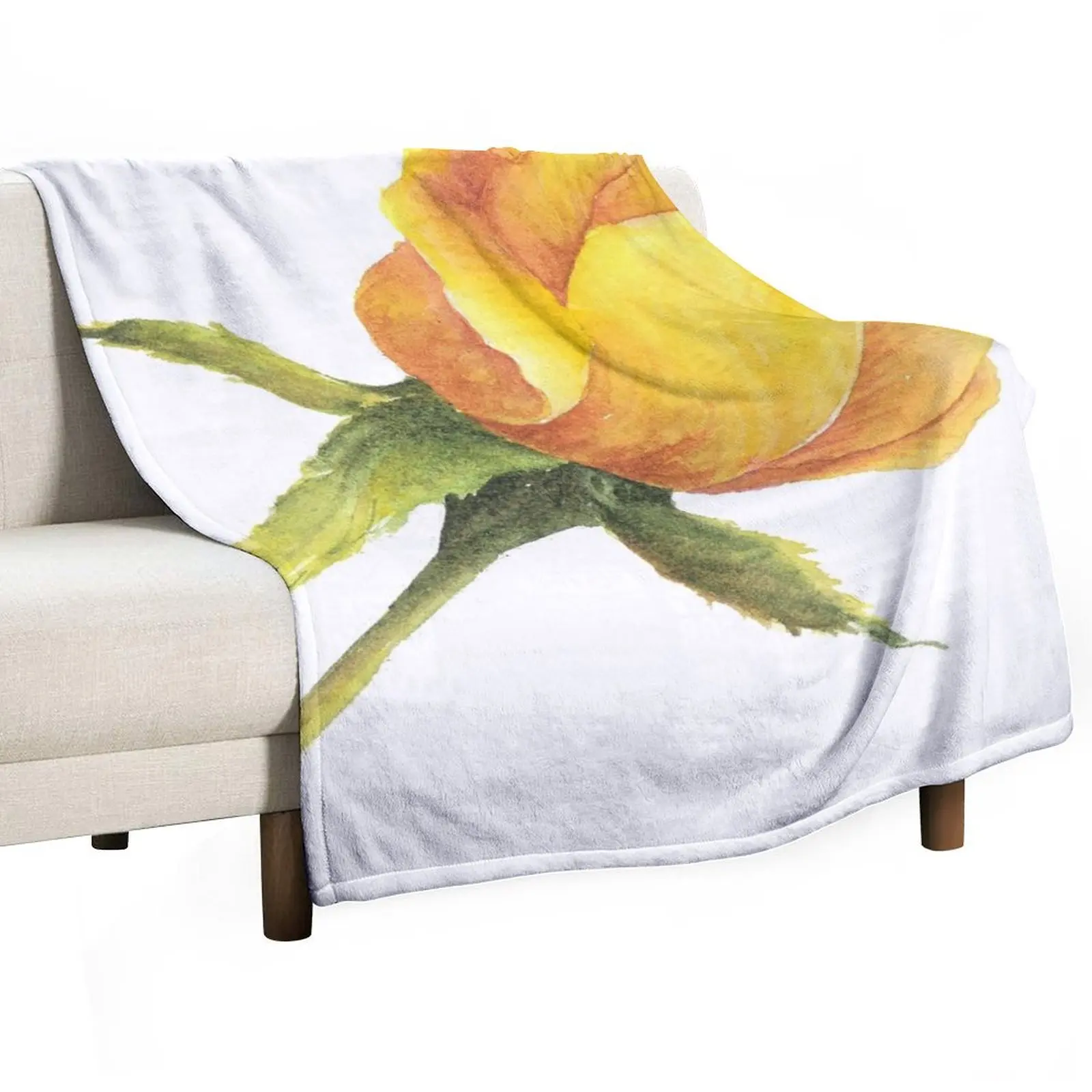 Yellow Single Rose with Stem Throw Blanket Plaid Flannel Fabric Luxury Designer Blankets