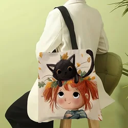 Borsa con stampa gatto nero ragazza cartone animato, borsa a tracolla carina e borsa per la spesa Casual quotidiana borsa quotidiana multifunzionale