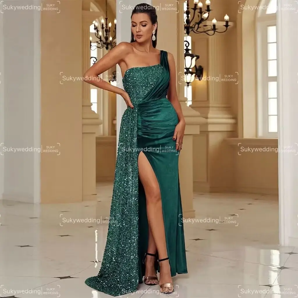 Smaragdgroene Zeemeermin Avondjurken Pailletten Fluwelen Een Schouder Vrouwen Prom Dress Split Glitter Celebrity Party Gown Aangepast