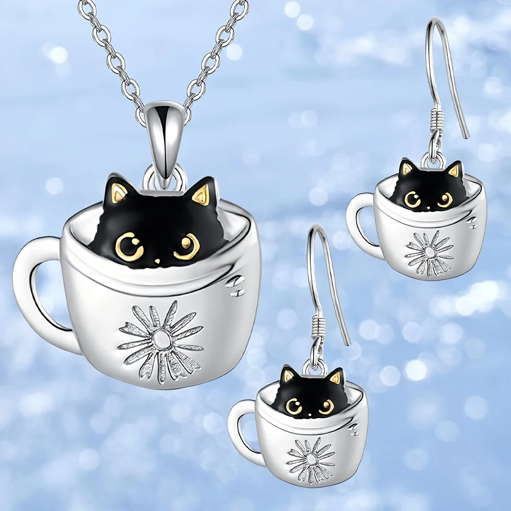 Creative Naughty Cup Cat Cute Earrings Women's Personality Alloy Earrings Necklace Two-piece Set
