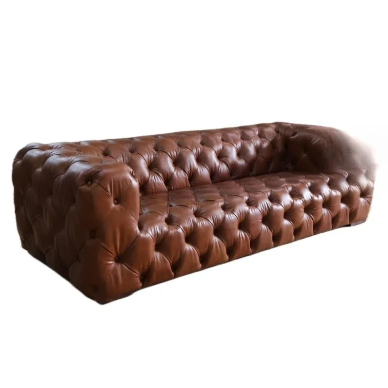 Retro classic pull buckle top layer cowhide sofa 3 people living room hotel lobby