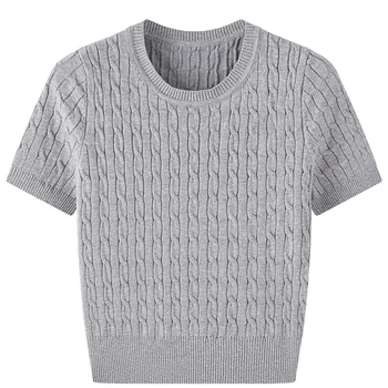 Jzzdemm 퓨어 코튼 하트 자수 케이블 니트 반팔 여성용 허리 장착 슬리밍 탑 트렌디 니트웨어