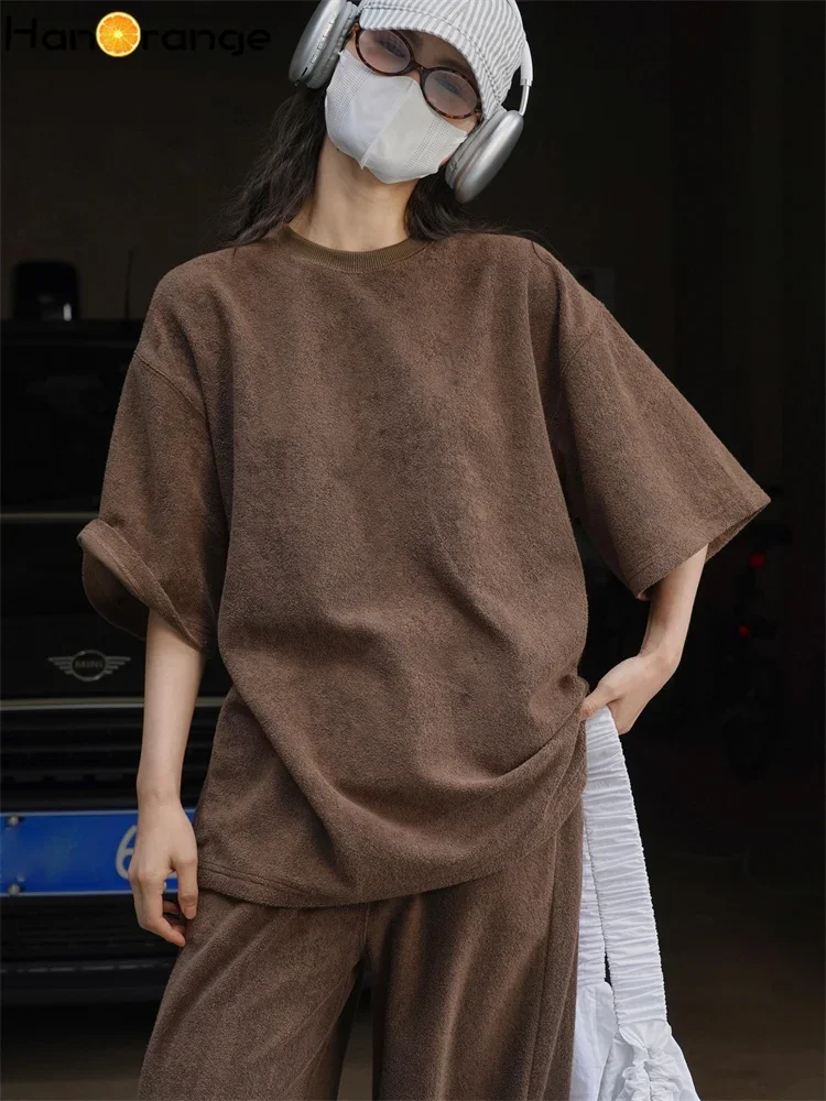 

Футболка HanOrange 2026 Весна-Лето с коротким рукавом, текстурой махровой ткани, свободного кроя, удобная, для женщин, черная/светло-серая/кофейная