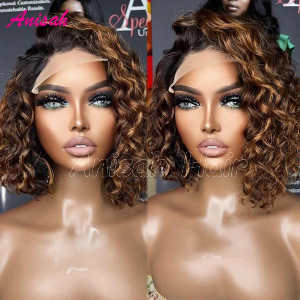 

Colored Curly Short Human Hair Wig Brazilian Ombre Highlight Bob Lace Front Wig Remy Hair 4x4 Lace Closure Wigs For Black Women