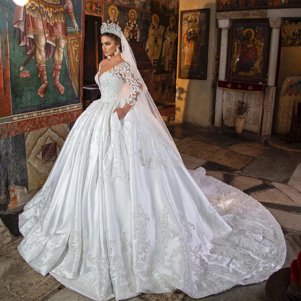 Vestido De Novia De satén De princesa De lujo personalizado, Vestido De Novia De encaje con perlas y cuello transparente, Vestido De Novia blanco, 2025