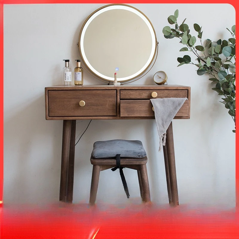 

Nordic black walnut solid wood makeup table, bedroom small apartment dresser, modern simple all-solid wood makeup table