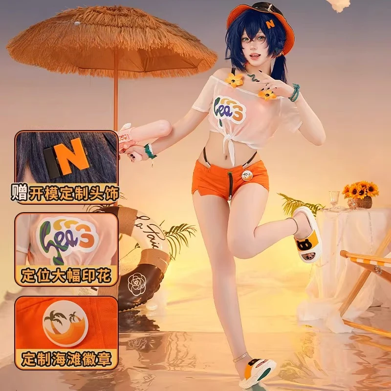 

Belle Summer Skies Cosplay Costume Zenless Zone Zero Orange Bikini Swimsuit Outfit Full Set with Bucket Hat for Women Halloween