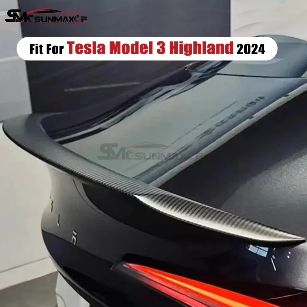 Real Carbon Fiber Spoiler Rear Trunk Wing Spoiler Air Dam Tuning Performance Version Accessories For 2024 Tesla Model 3 Highland