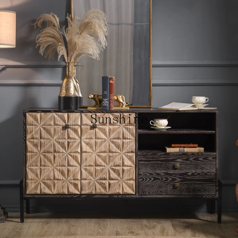

American rural retro old carved dining side cabinet living room entrance storage solid wood storage