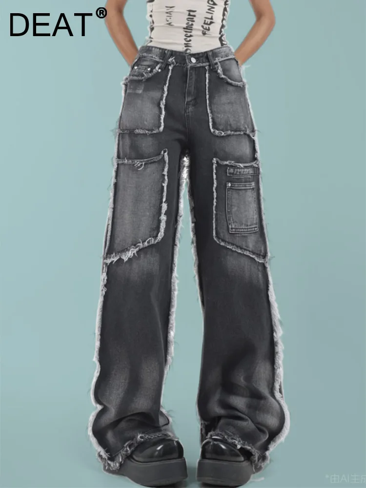 

Женские прямые джинсы в стиле пэчворк DEAT, винтажные брюки из денима с высокой талией и широкими штанинами, 29L7481, осень 2024