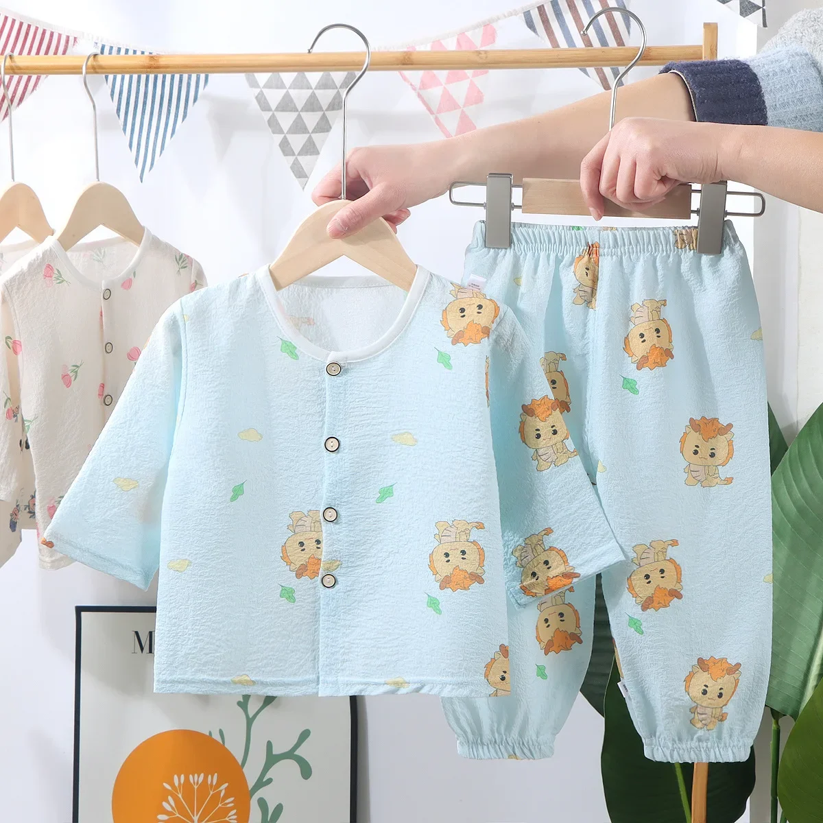 

New 2024 Kids Summer Thin Pajamas Sets Boys Girls Cartoon Long Sleeve Cotton Yarn Shirt Top + Pants Toddler Baby Loungewear