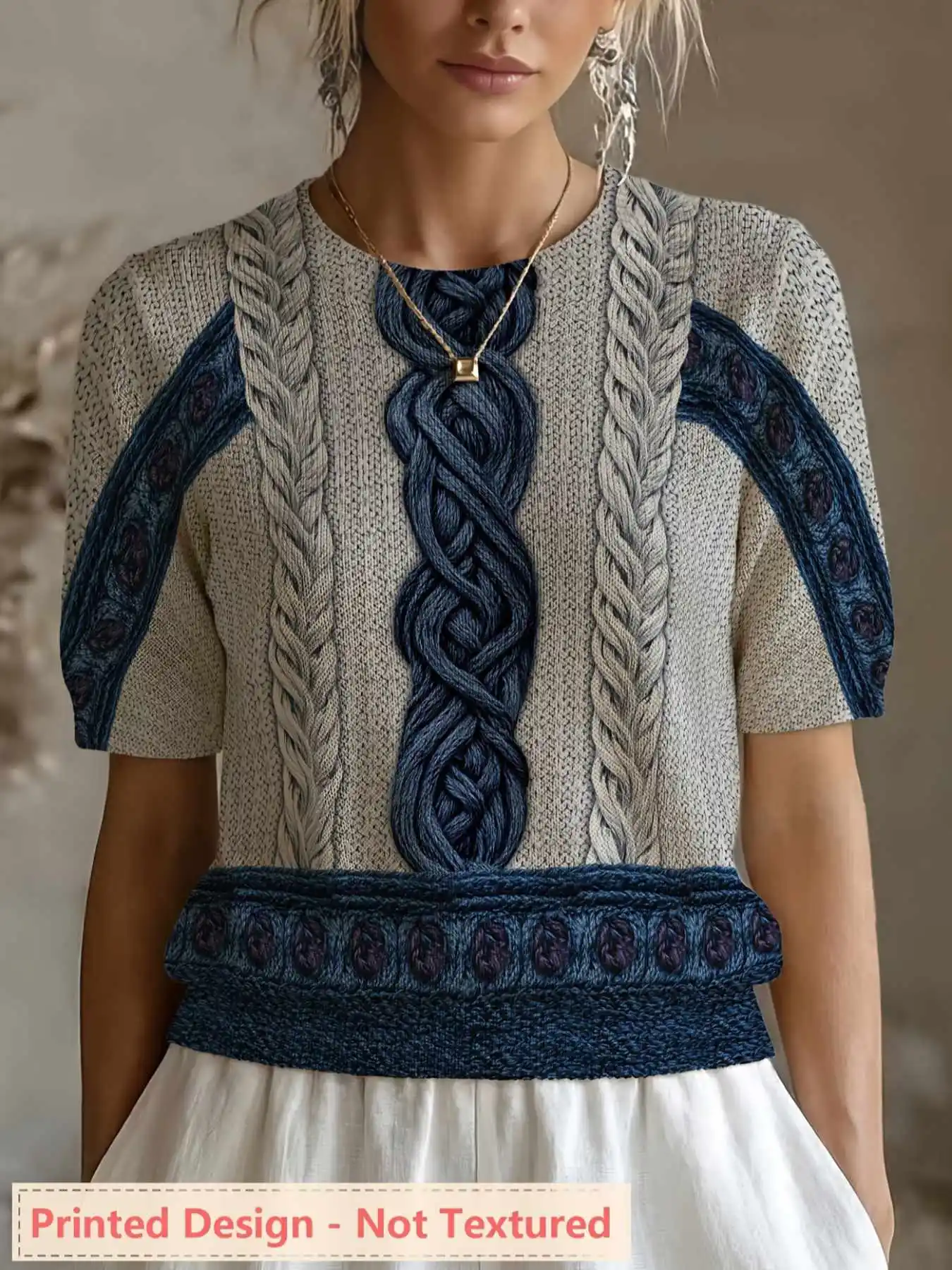 

Printed Design - Nottextured Spring/Summer Fashion New Pullover Round Neck Short Sleeve Women's Top with Flat Digital Print Trendy Women's Clothing Ladies' Top