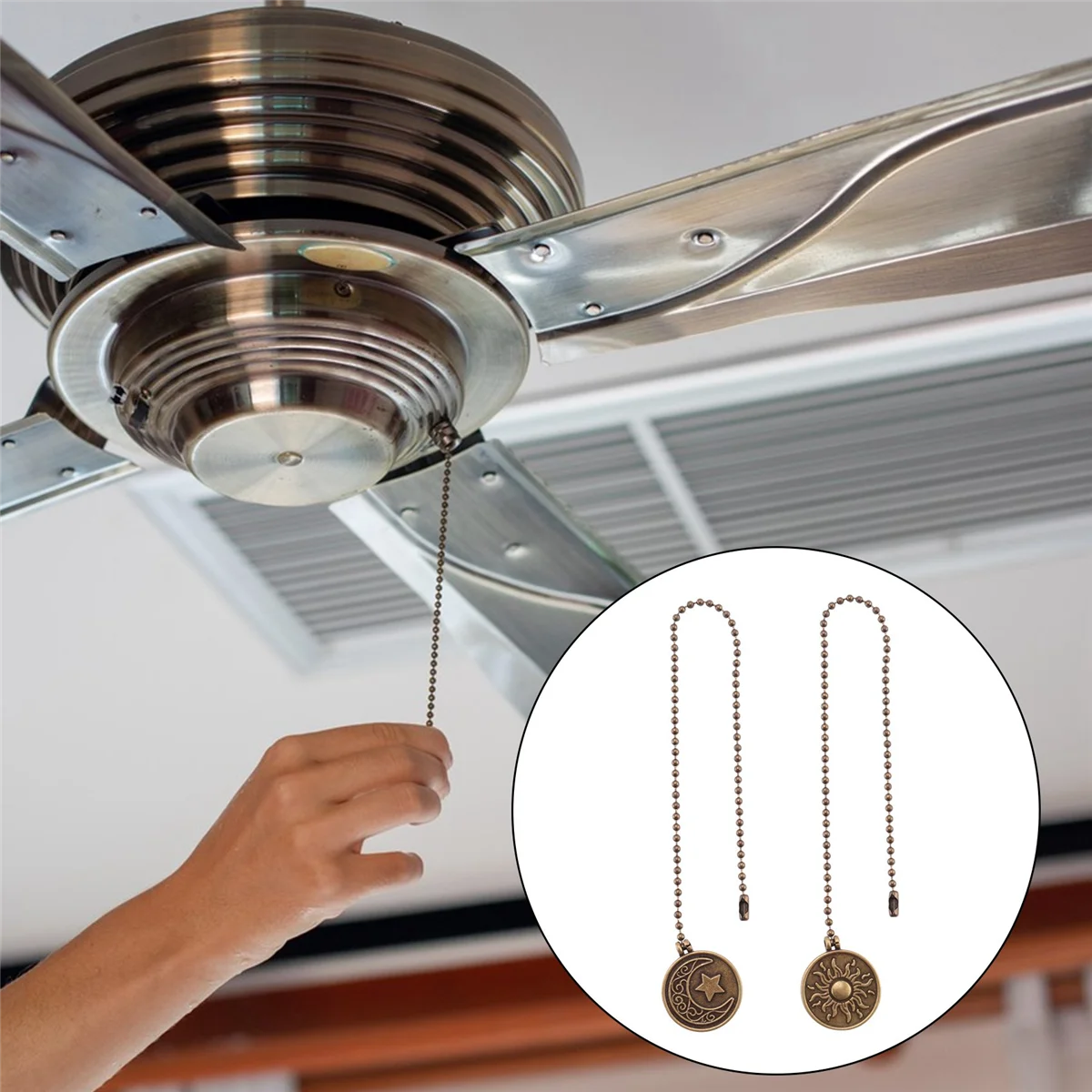 ABZV-2Pcs ventilador de teto puxar corrente conjunto sol & lua padrão puxar correntes extensão cobre frisado bola ventilador puxar corrente com ornamento