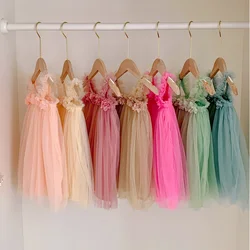 Estate Bambini Neonata Tulle Maglia Abito Fiore Sling Dolce Bambini Abiti in tinta unita per ragazze Vestito estivo Abito da principessa per bambini