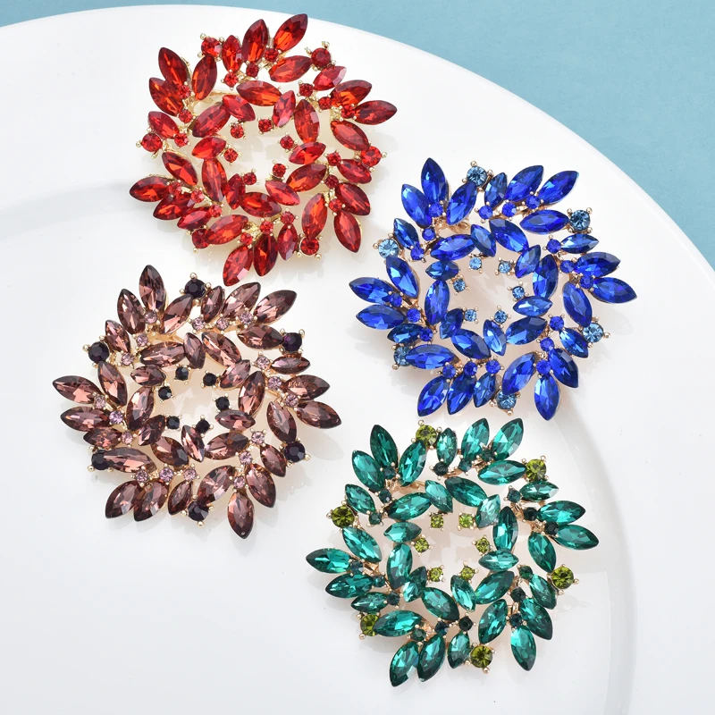 Wuli&baby Charming Round Brooches For Women Unisex 4-color Rhinestone Wretch Flower Party Office Brooch Pins Gifts