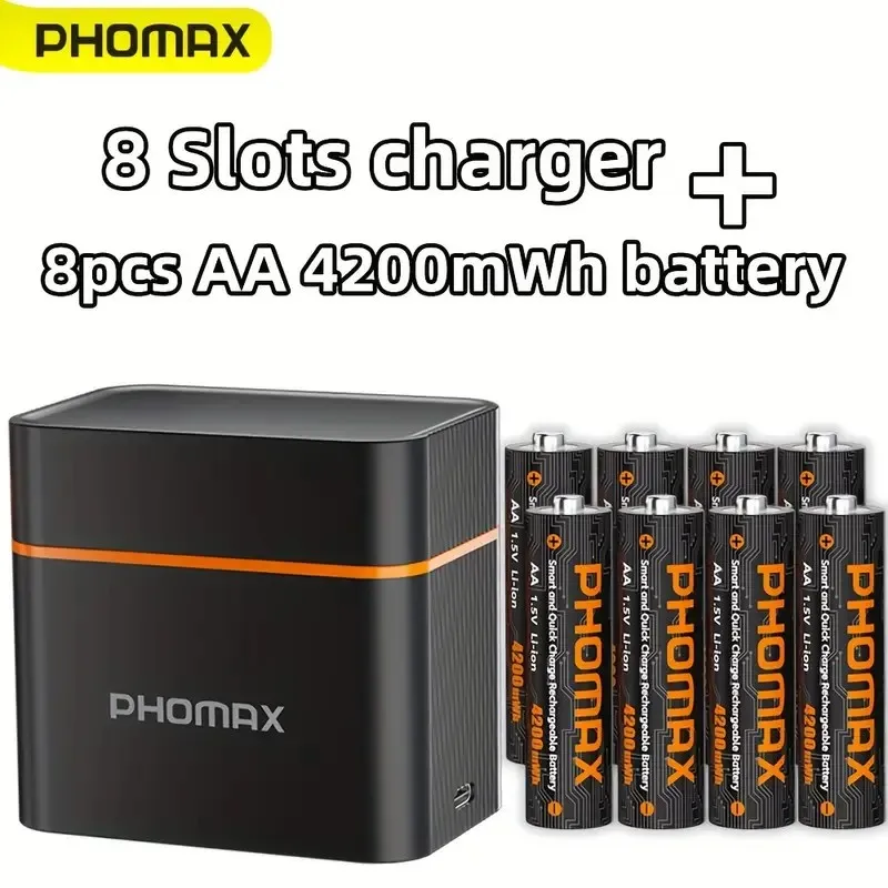 

PHOMAX 8-Slot AA Battery Charger 1.5V C-Type Rechargeable Lithium-Ion Battery for Remote Control Toy Tools Smart USB Box