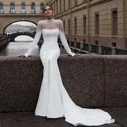 Stunning High Neck Full Sleeves Peal Beaded Mermaid Wedding Drsses Sweep Train Custom Made 2024 Vestido De Noival