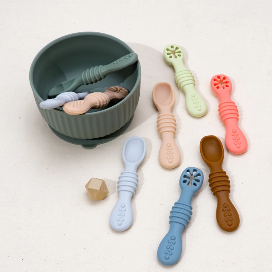

2pc baby learn to eat training spoon food grade silicone food supplement spoon rice paste spoon perforated food supplement spoon
