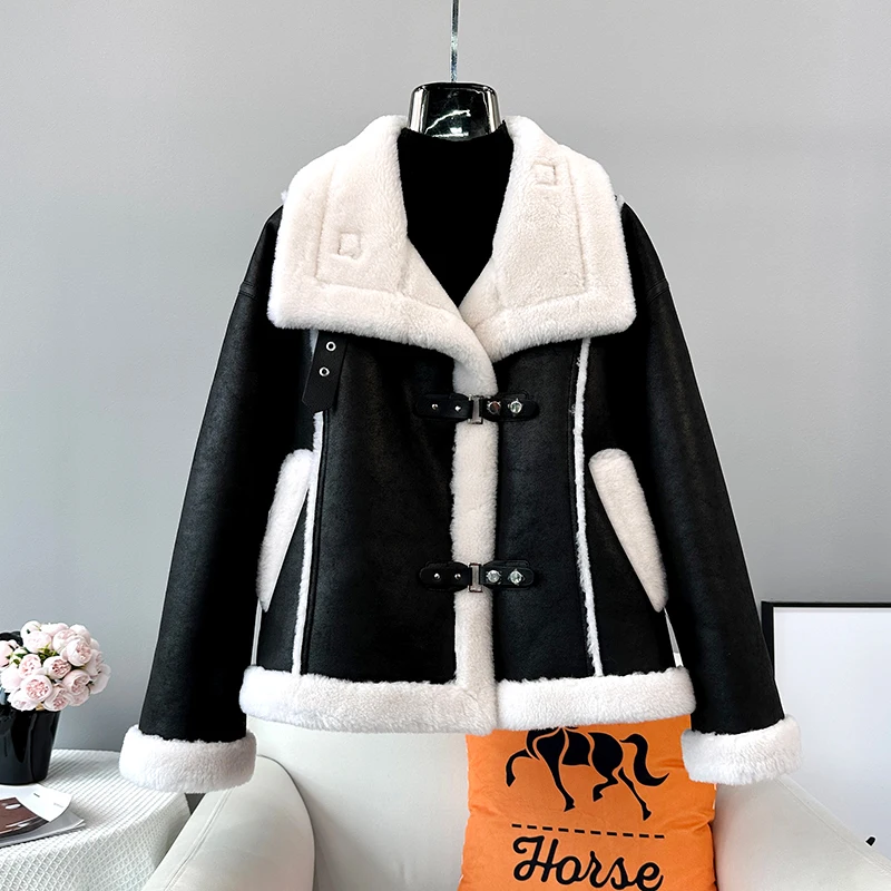 

2023 Winter New Lady's Sheep Shearling Warm Coats Female Girl Lamb Wool Fur Suede Inner Jacket JT3382