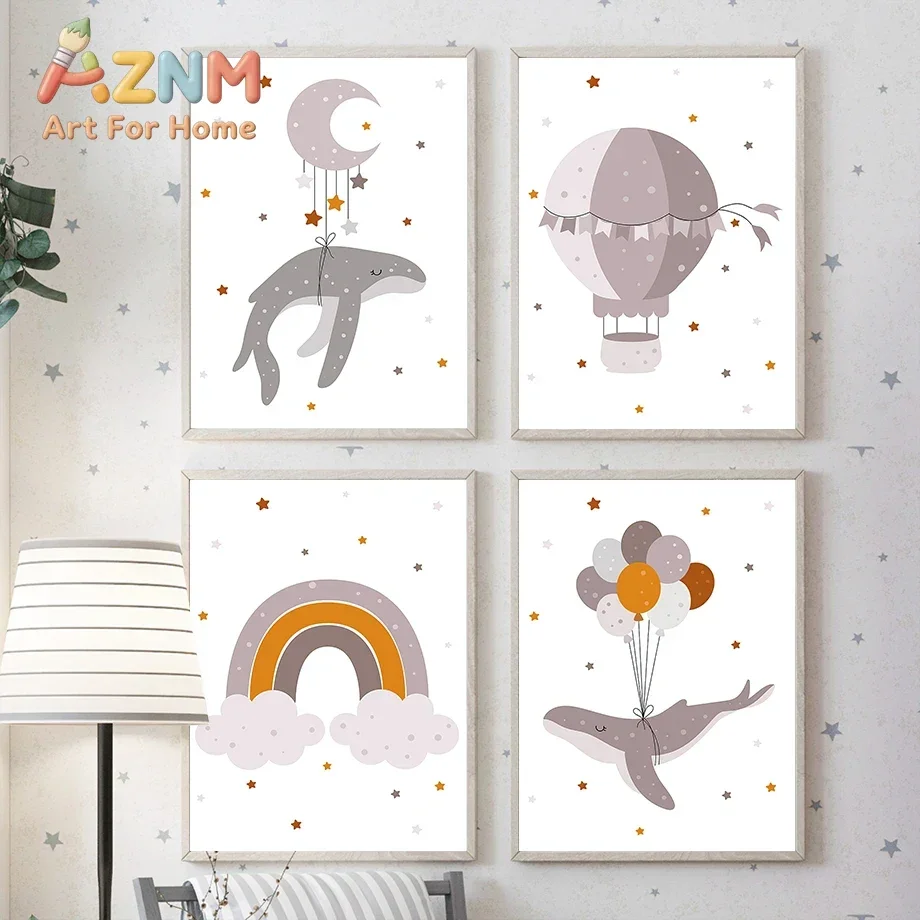 Whale Moon Hot Air Balloon Rainbow Sleep Animal Poster Nursery Wall Art Print Canvas Painting Modern Baby Kids room Home Decor