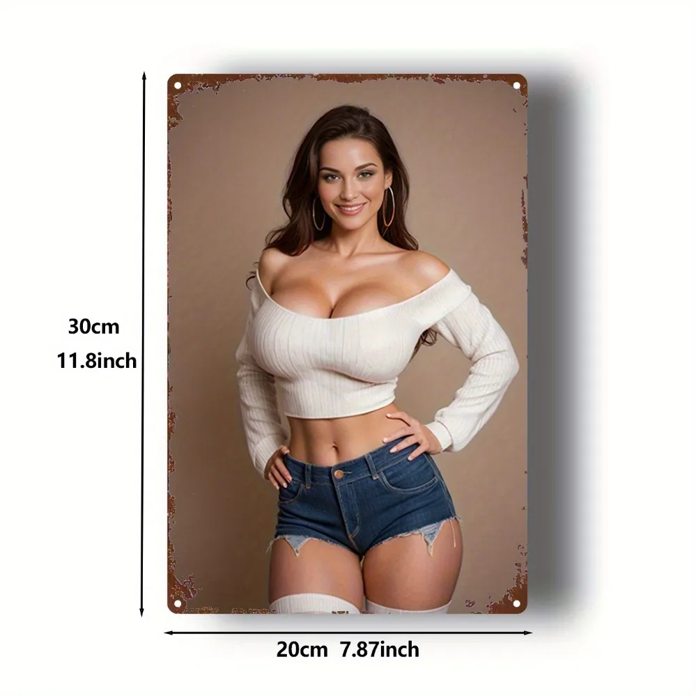 Retro Metal Tin Sign, Curvy Woman in White Off-Shoulder Crop Top and Denim Shorts, Vintage Pin-Up Style Wall Art Decor, 20x30cm