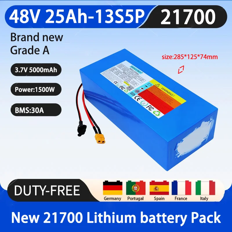 New 48V 25ah 21700 lithium battery 13S5P with built-in Bms 500W high-power motor, outdoor backup energy storage battery+3A charg