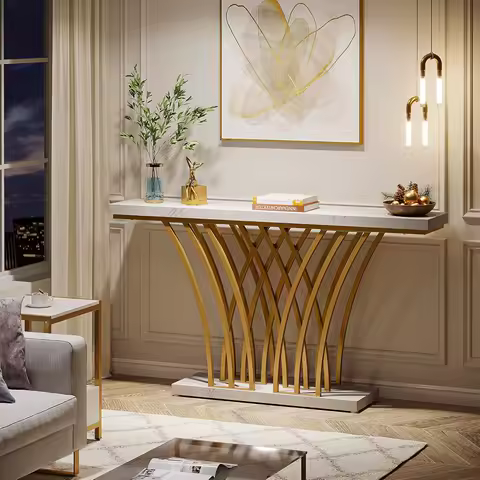 LITTLE TREE 59 inch Gold Console Table, Modern Entryway Table with Grid-Shaped Metal Base for Entrance, Entryway, Living Room