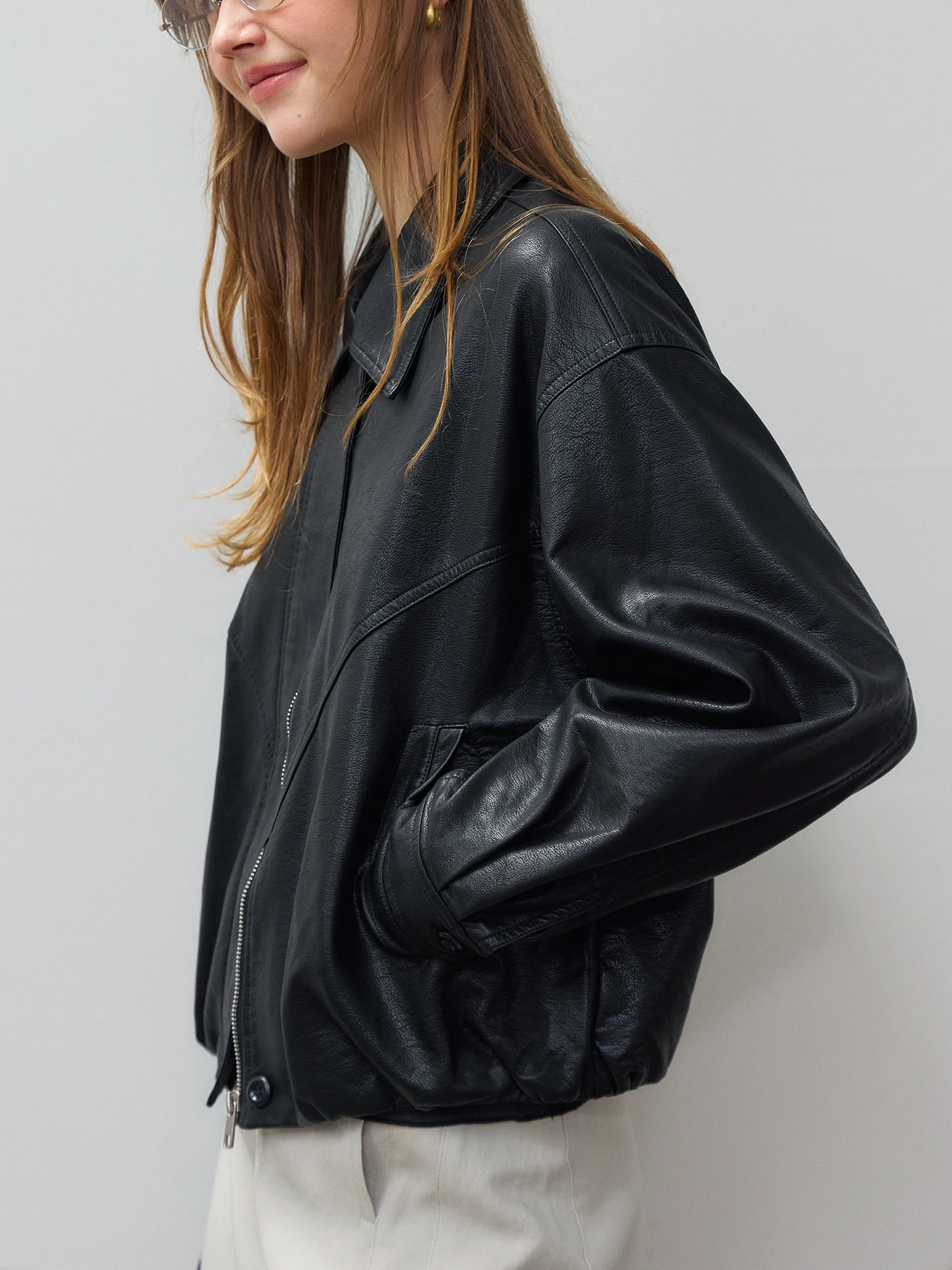 Black Korean Style Stand Collar Loose Short Jacket PU Leather Coat Women's Autumn Winter Vintage Cool Small Size Top