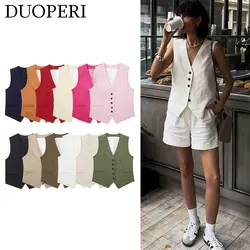 DUOPERI Women Fashion Plain Linen Tops Vest V-Neck Sleeveless Female Chic Lady Casual Basic Business Waistcoat Outfits