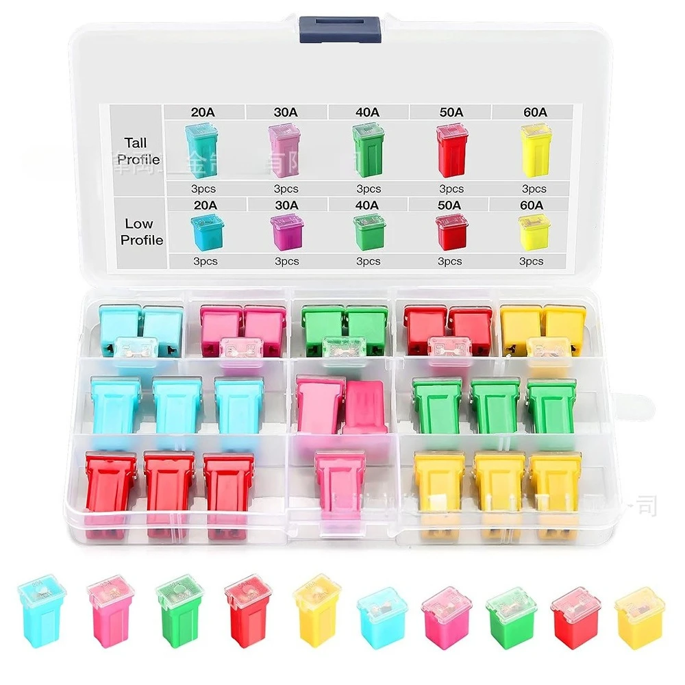 30Pcs Boxed JCASE Box Shaped Fuse Kit Standard Tall & Low Profile Leg 20A-60A Auto Cartridge Fuse Assortment