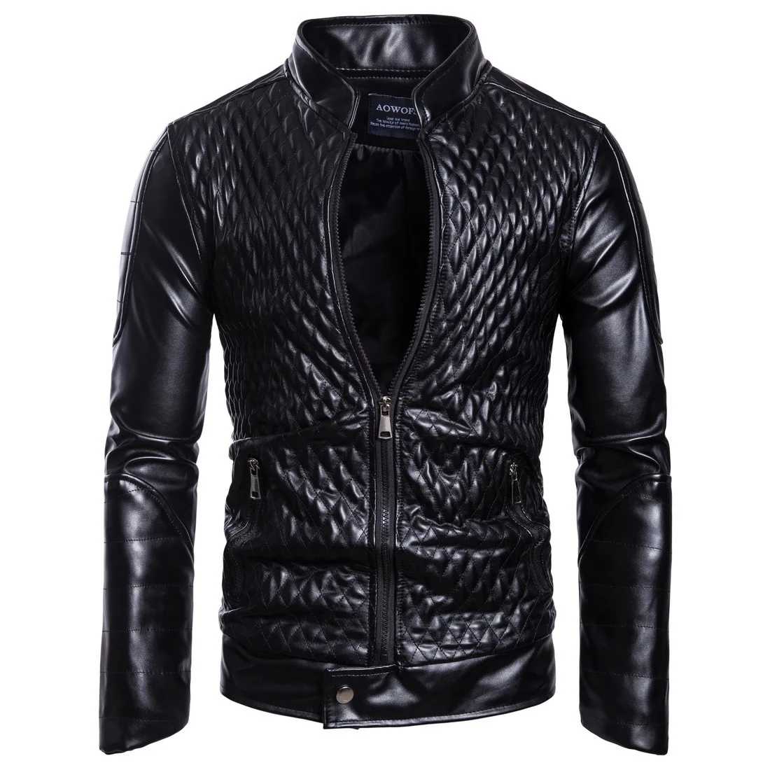 Mens Leather Jacket  Spring Autumn New Men Diamond Design Stand Collar Zipper Male Casual Fashion Streetwear Leather Coats