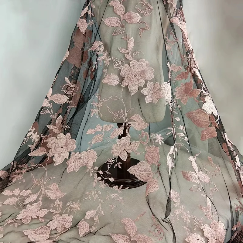 

1yard Pink Plum Blossom Embroidery Tulle Lace Fabric for French African Wedding Nigerian Party Dress Fashion DIY Sewing Fabric