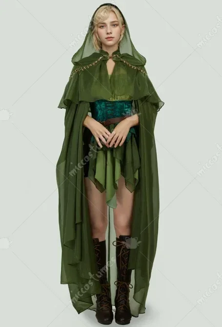 

CosplayWomen's Medieval Elegant Princess Elf Cosplay Costume Cloak Embroidered Satin Collar Green Cape with Hood Costume Party D