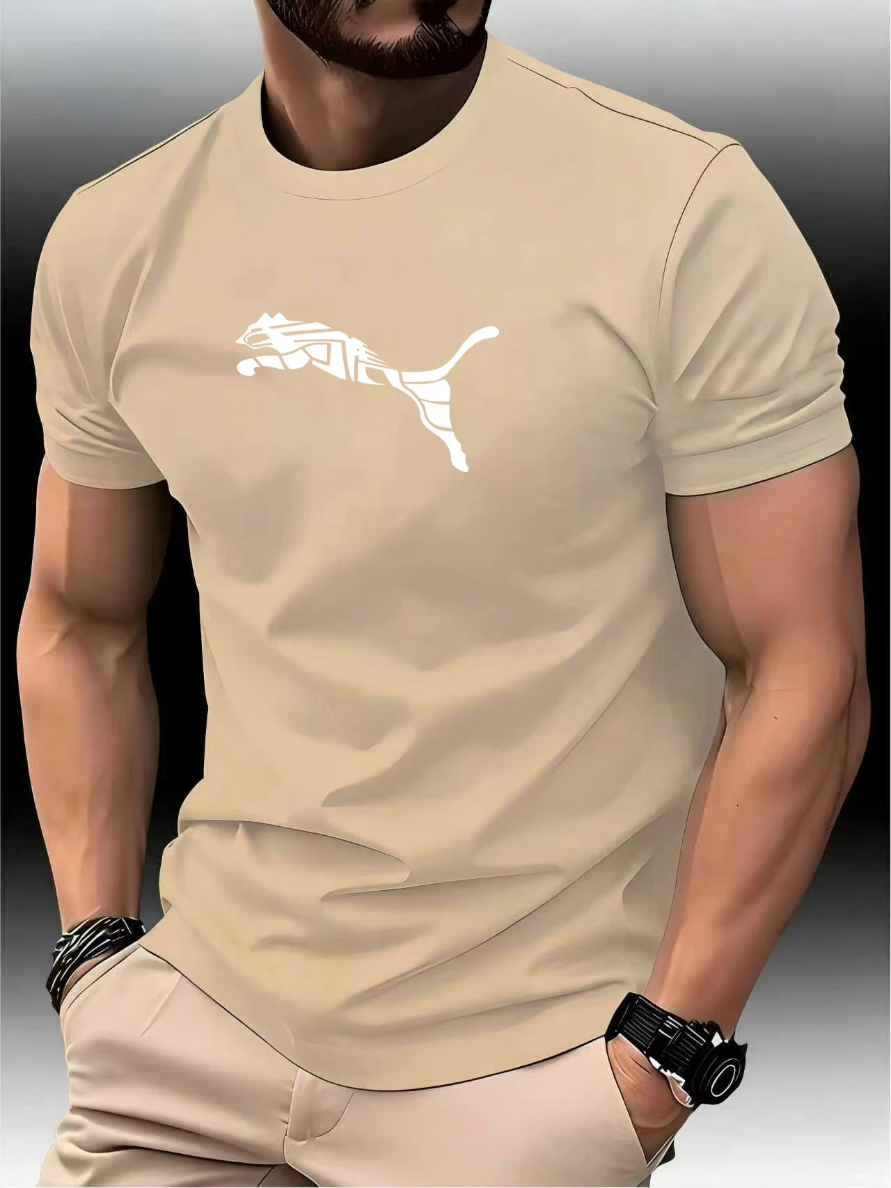 2026 Summer Men's Fashion Leopard Print Pure Cotton T-shirt, Round Neck Casual Trendy Y2K High-End High-Quality Fitness