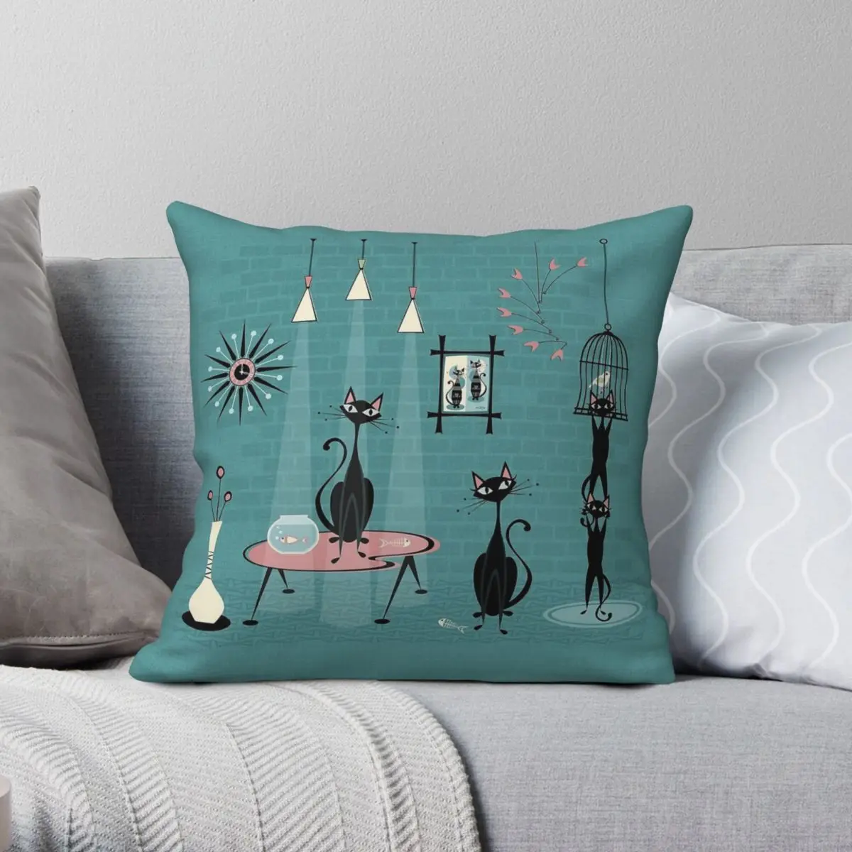 Mid Century Kitty Mischief Square Pillowcase Polyester Linen Velvet Pattern Decorative Throw Pillow Case Room Cushion Cover 18