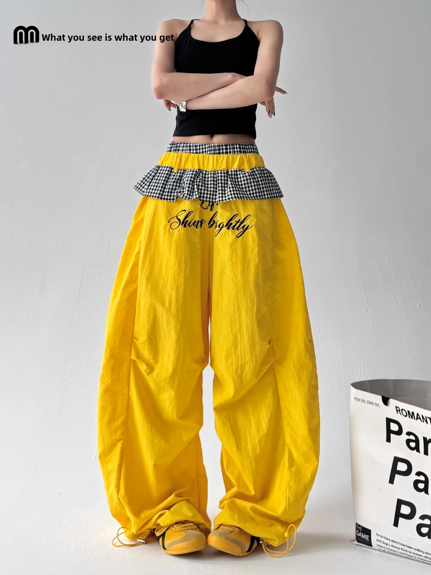 

Американские ретро-брюки в клетку с эффектом двухслойности, женские, с высокой талией, свободные, широкие штанины, модный бренд