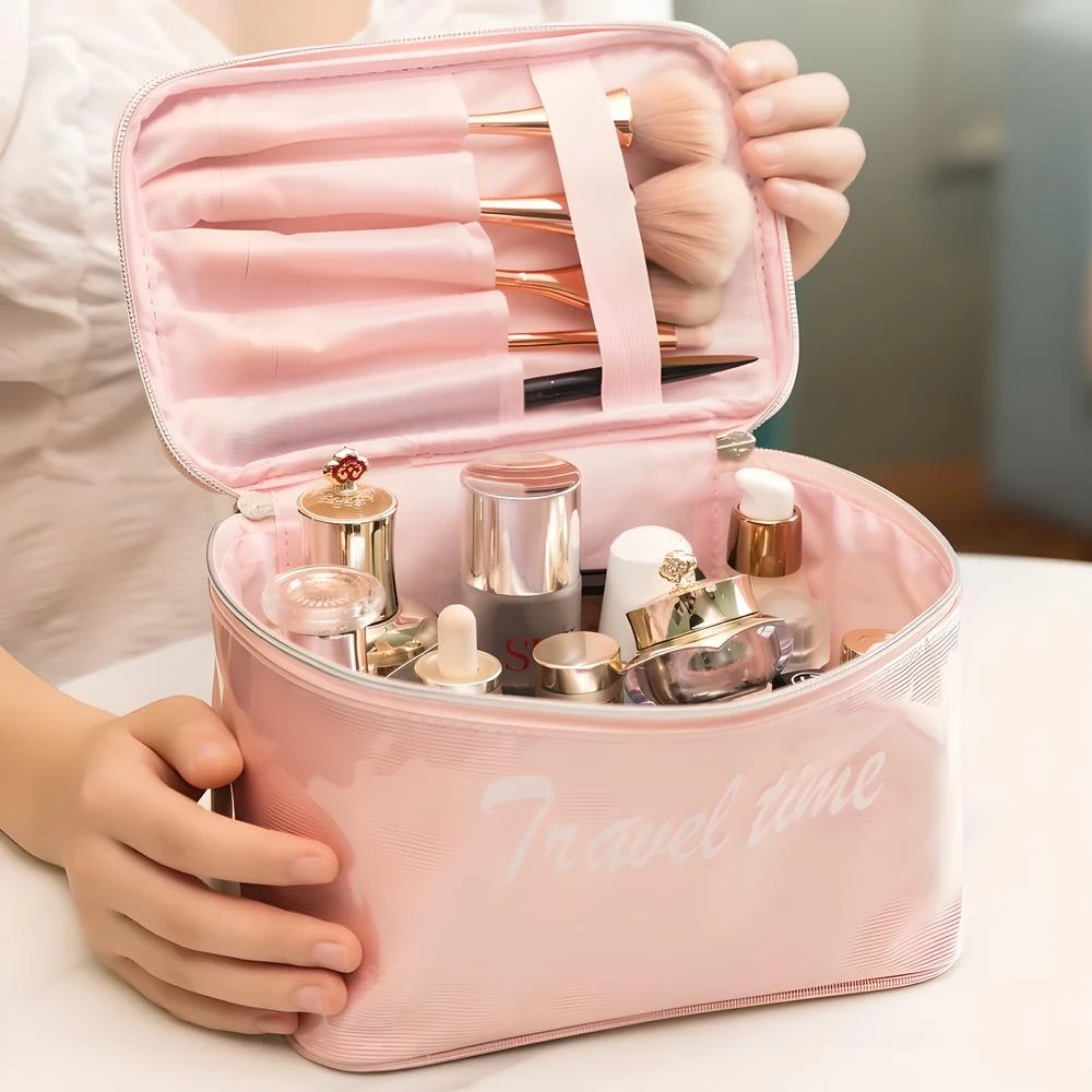 

Zipper Flip Up Makeup Bag Large Capacity Waterproof Cosmetics Make Up Tools Storage Handbag Solid Color Women Cosmetic Bag