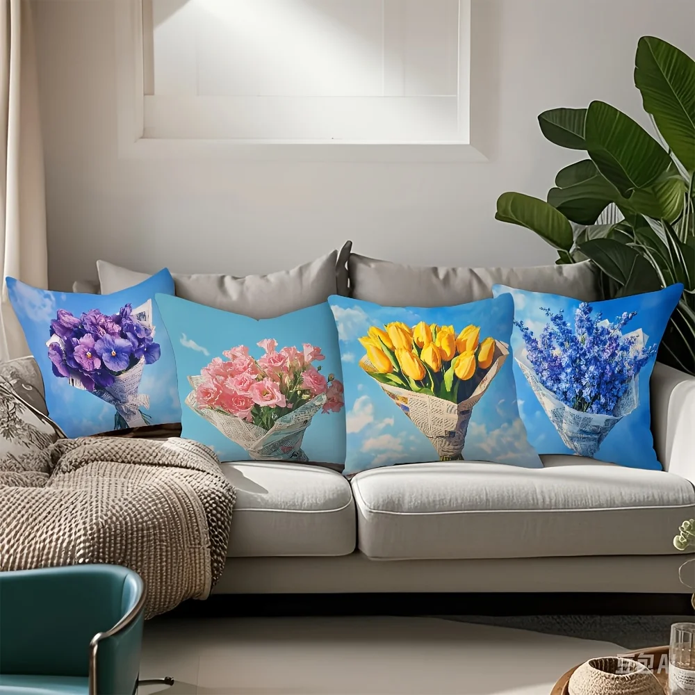 Premium Floral Print Pillowcase Cushion Covers Set 4pcs Bouquet Design Romantic Home Decor Art Accessories 45x45cm