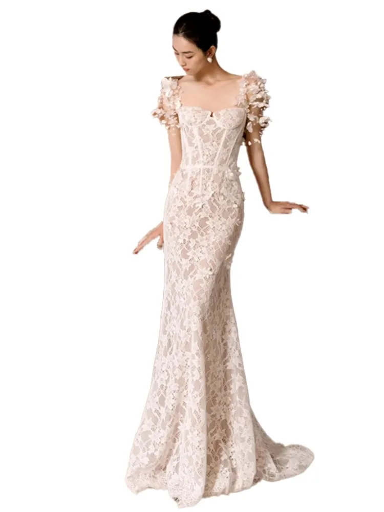 Lace Light Wedding Dress Slim-Fit Slimming Bridal Temperament Welcome Yarn Luxury Fishtail Suspender