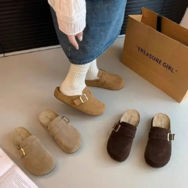 Tan Wildleder-Mules für Damen, mit zwei Riemen und Schnalle, zum Überziehen, offener Rücken, Boston-Clog, lässig, weich, bequem, für den Alltag, koreanisch, sportlich, modisch, schick. – Detail 5